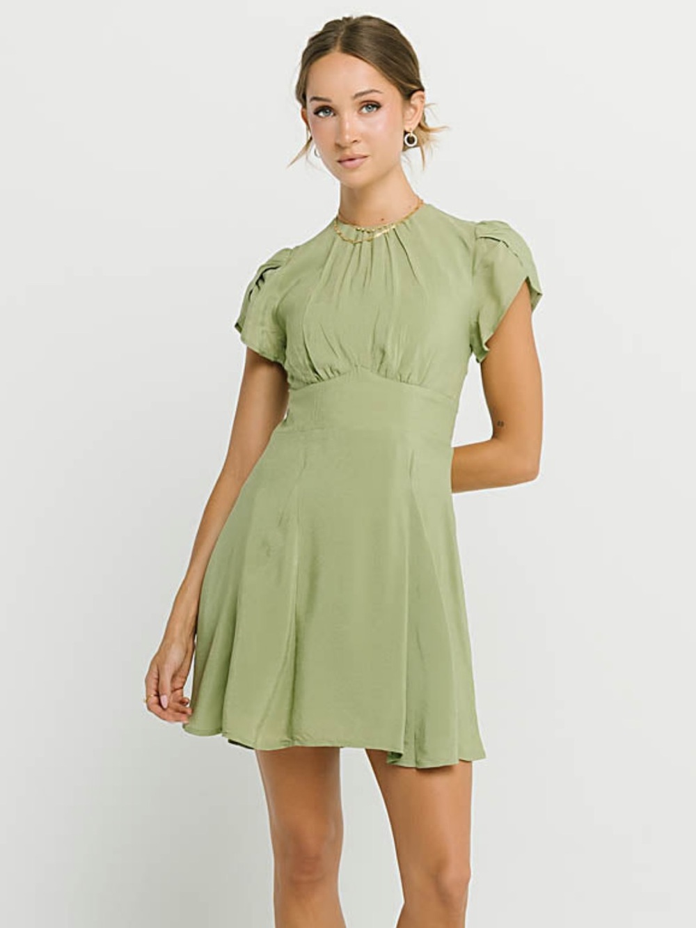 bohme Olive Green Mini Dress with Puff Sleeves